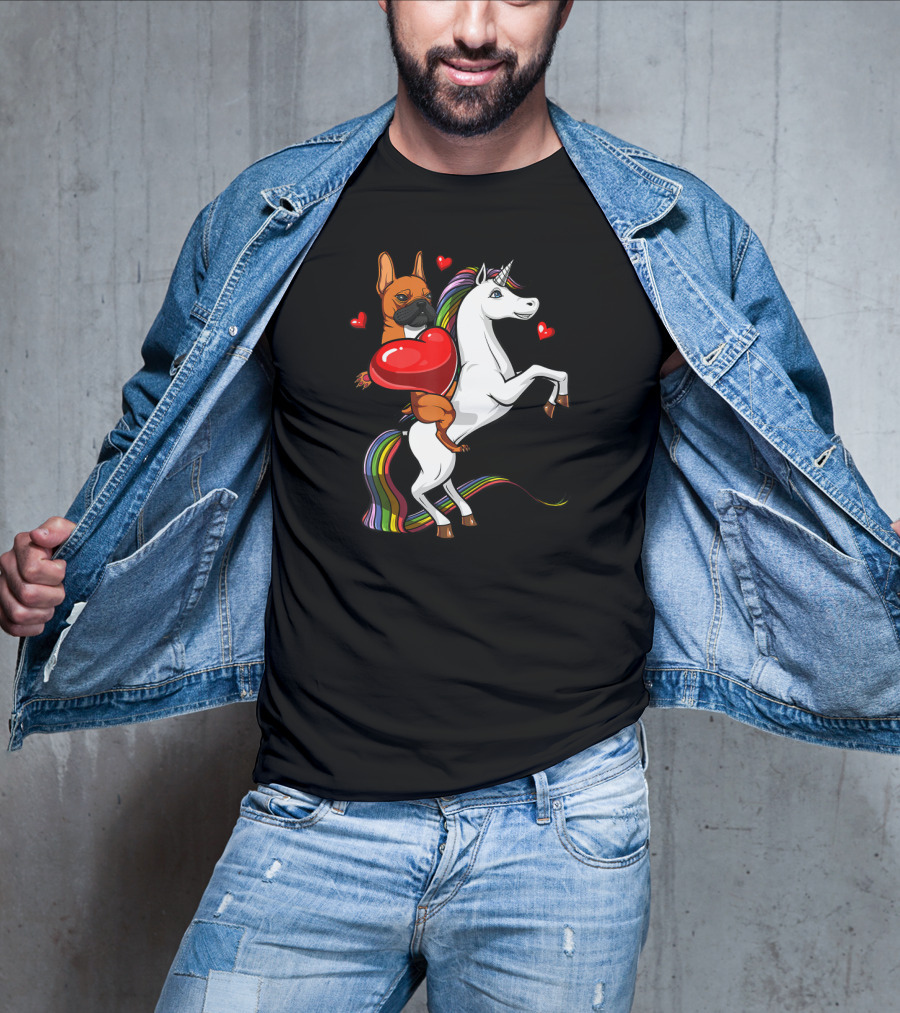 French Bulldog With Heart On Rainbow Unicorn Valentine's T-Shirt