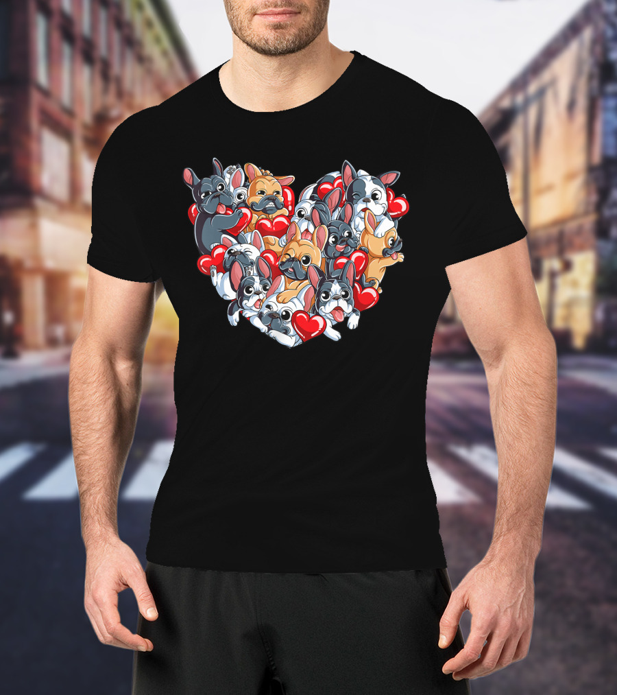 French Bulldog Valentines Day Heart With Cute Puppies And Red Hearts T-Shirt
