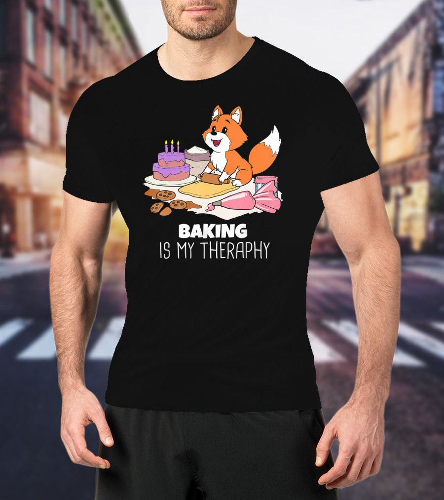 Funny Fox Baking Is My Therapy Doug T-Shirt