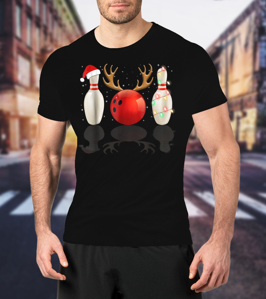 Reindeer Antlers Bowling Ball Santa Hat Christmas Lights Bowling Pins Funny Holiday Bowling T-Shirt