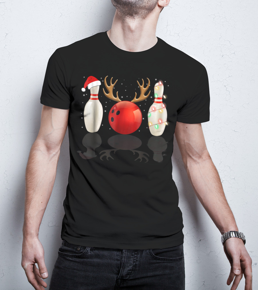 Reindeer Antlers Bowling Ball Santa Hat Christmas Lights Bowling Pins Funny Holiday Bowling T-Shirt