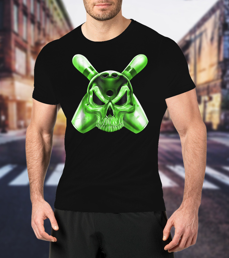 Bowling Skull Crossed Pins Green T-Shirt