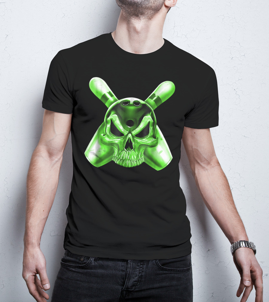 Bowling Skull Crossed Pins Green T-Shirt