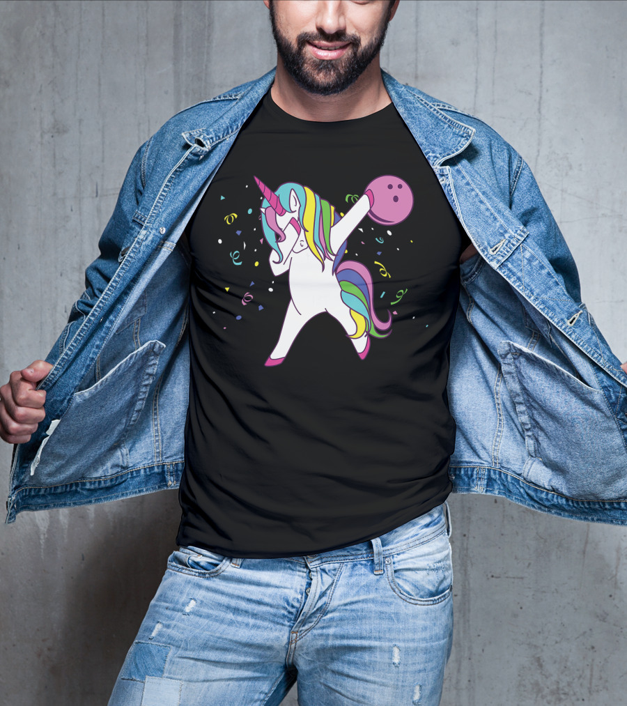 Funny Dabbing Unicorn With Colorful Bowling Ball And Confetti T-Shirt