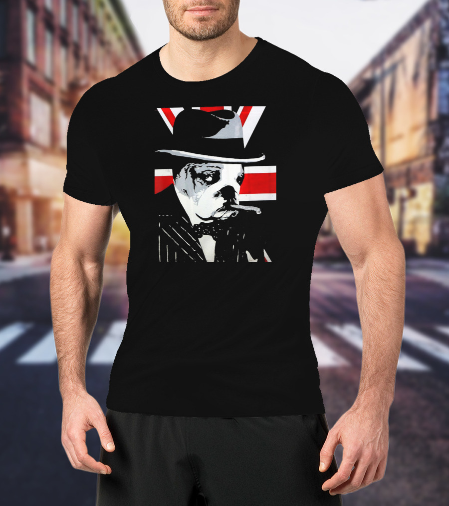 Funny English Bulldog Smoking Cigar Wearing Hat With Union Jack Background T-Shirt