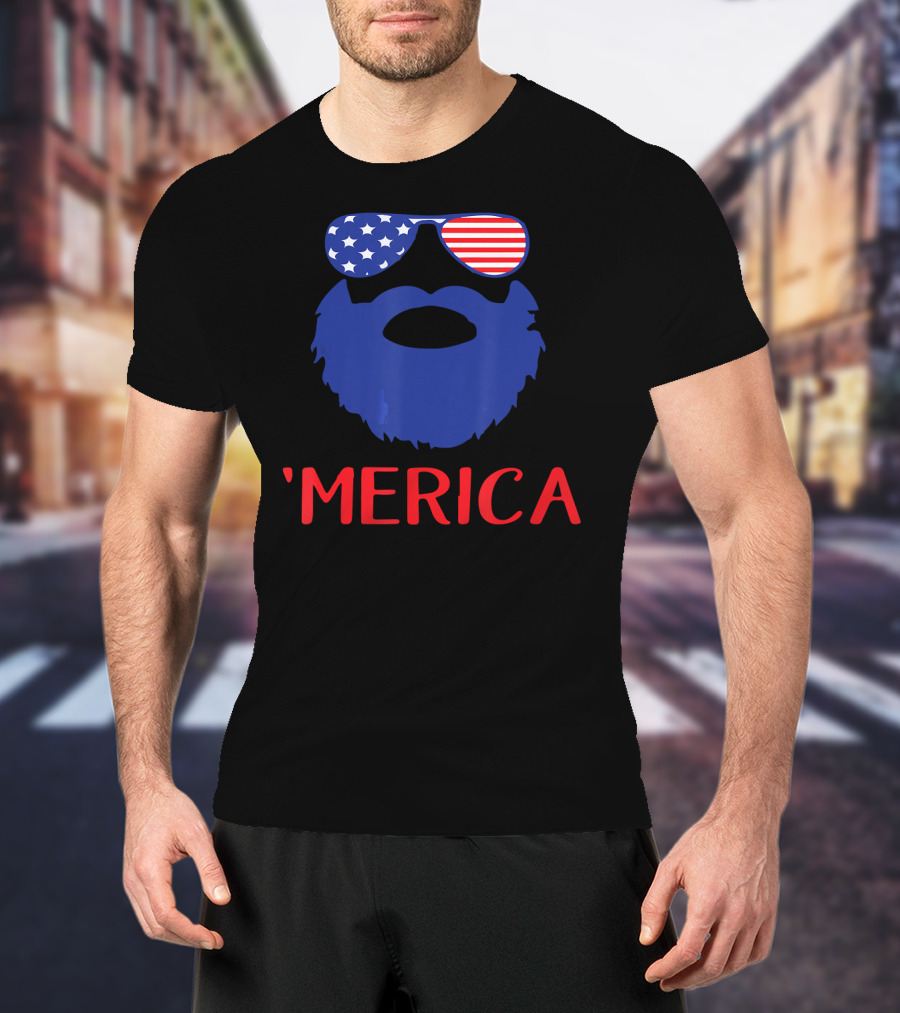 'Merica Beard With American Flag Sunglasses T-Shirt