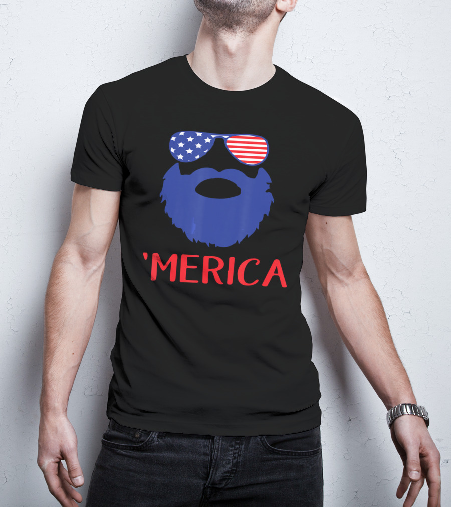 'Merica Beard With American Flag Sunglasses T-Shirt