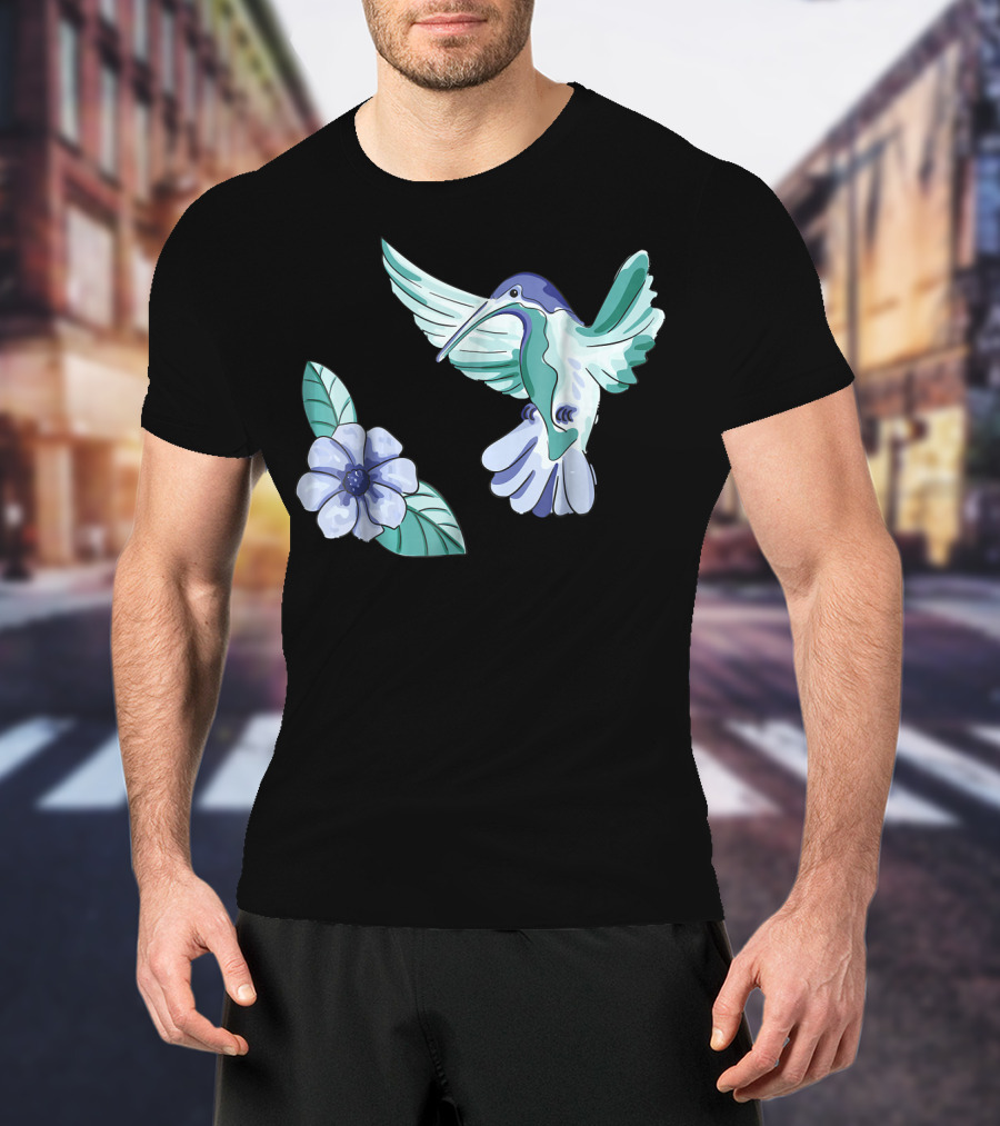 Green And Blue Hummingbird With White And Blue Flower T-Shirt