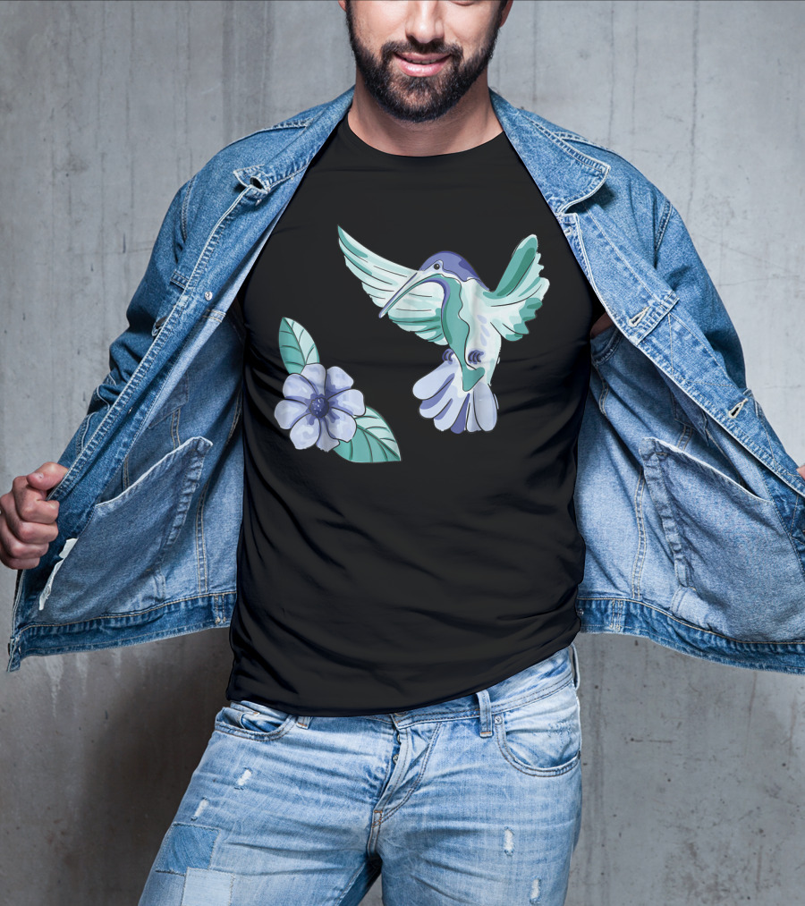 Green And Blue Hummingbird With White And Blue Flower T-Shirt
