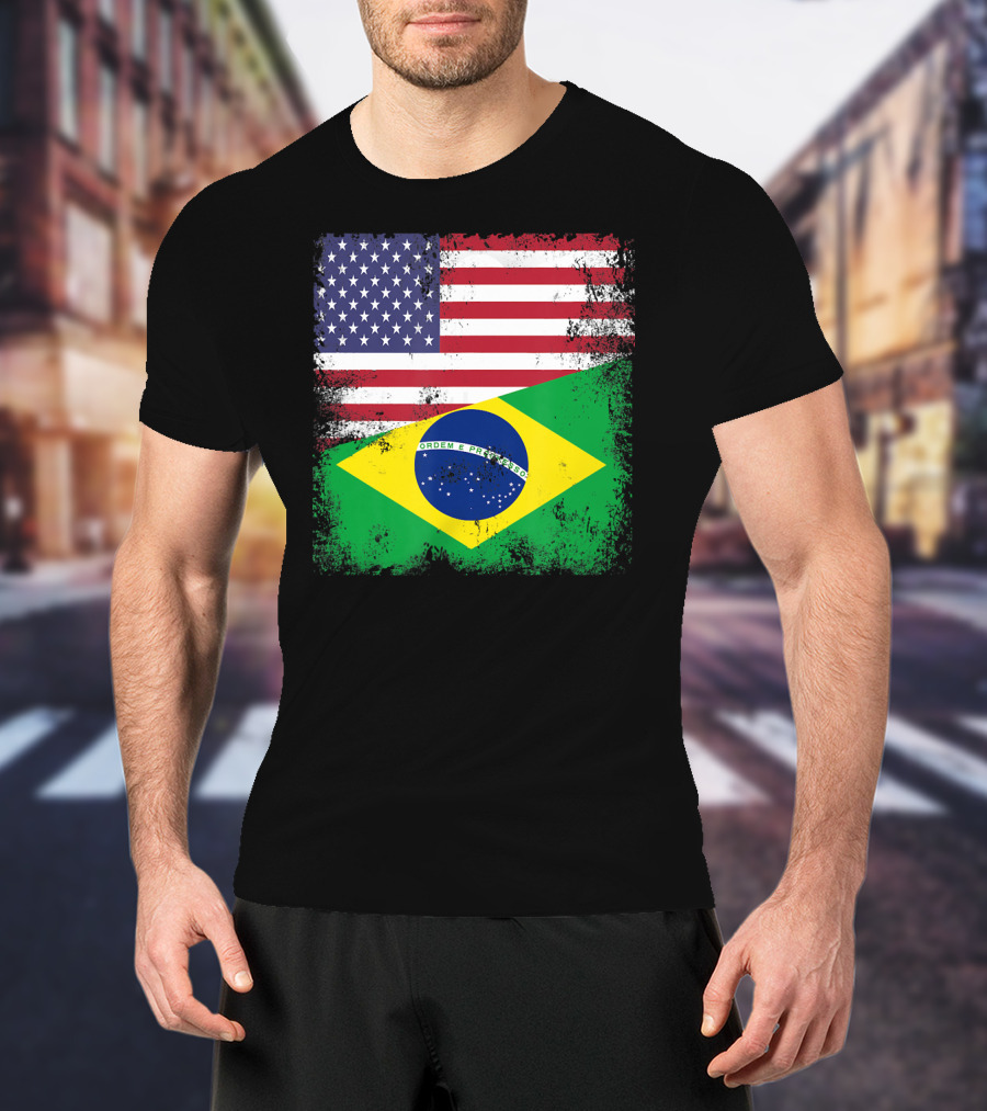 Vintage Half Brazilian Half American Flag Brazil U T-Shirt