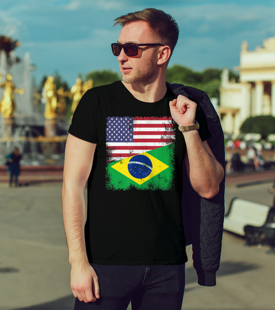 Vintage Half Brazilian Half American Flag Brazil U T-Shirt