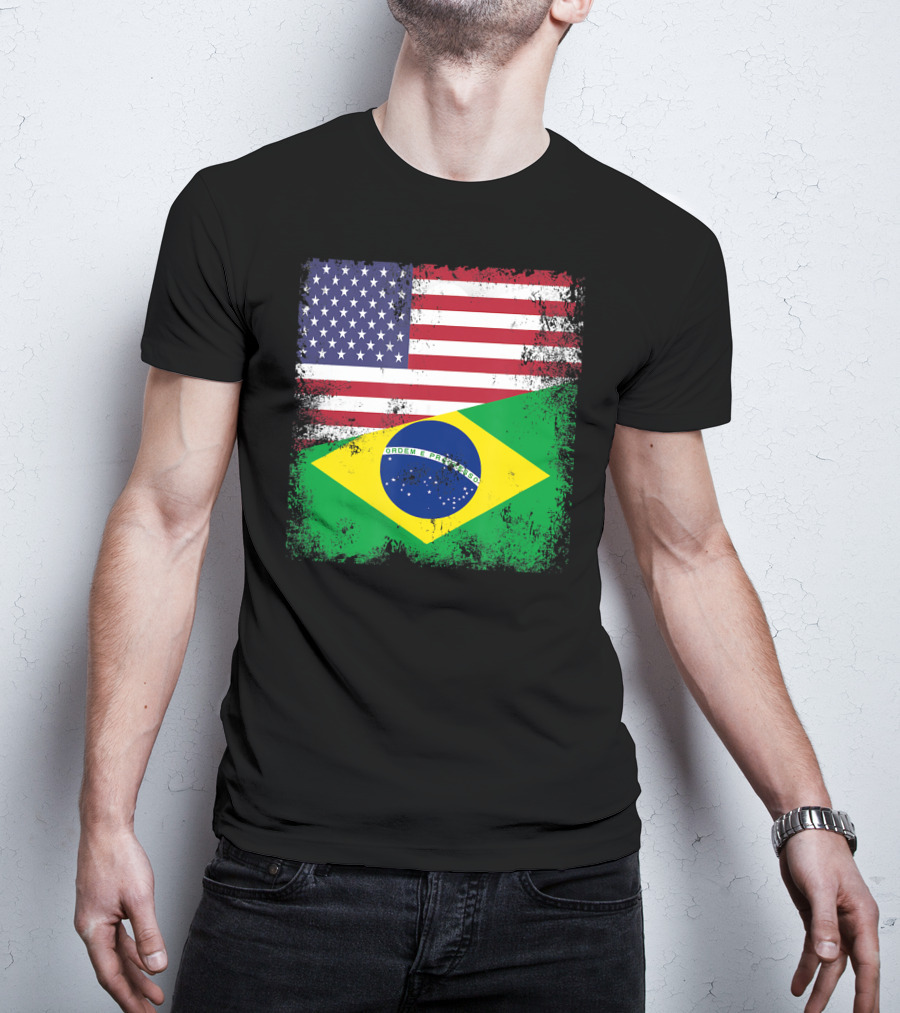 Vintage Half Brazilian Half American Flag Brazil U T-Shirt