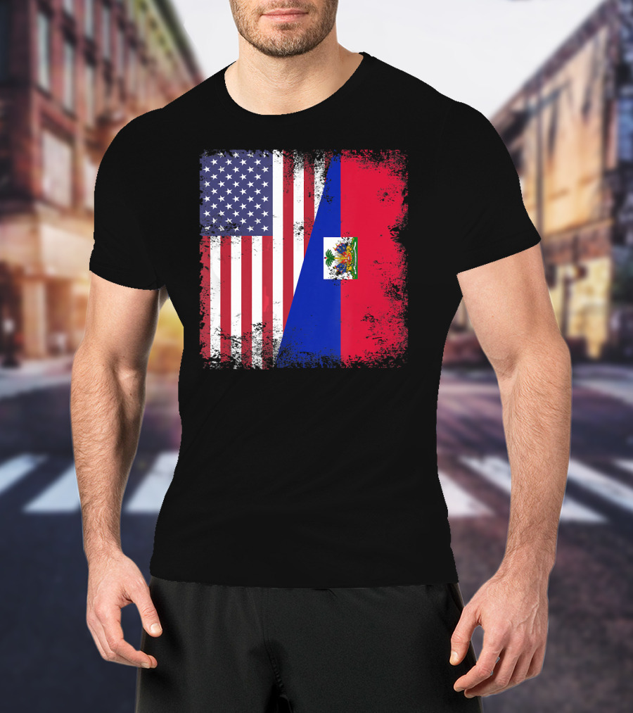 Half Haitian Flag Vintage Haiti U USA Grunge Style Flag Fusion T-Shirt