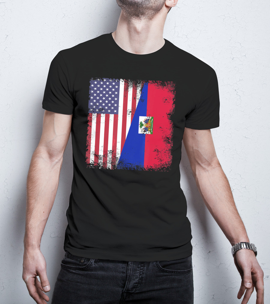 Half Haitian Flag Vintage Haiti U USA Grunge Style Flag Fusion T-Shirt
