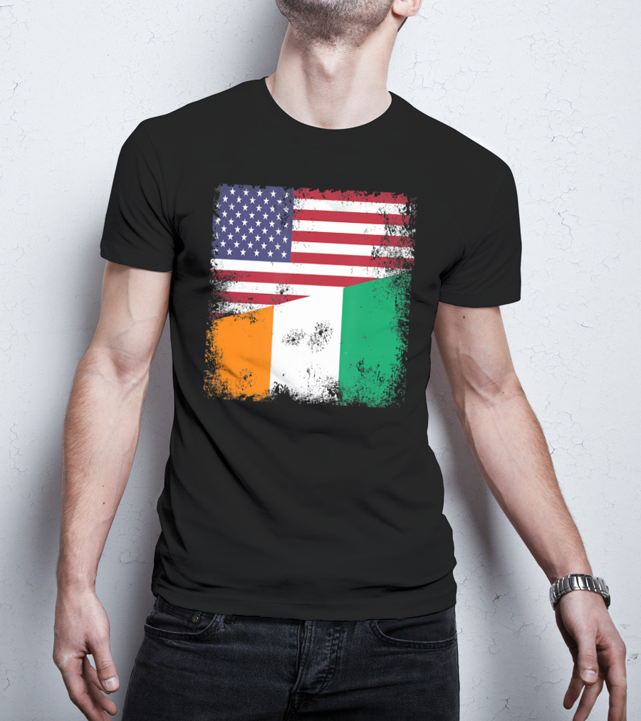 Half Ivorian Flag Vintage Cote D'I With Distressed USA Flag T-Shirt