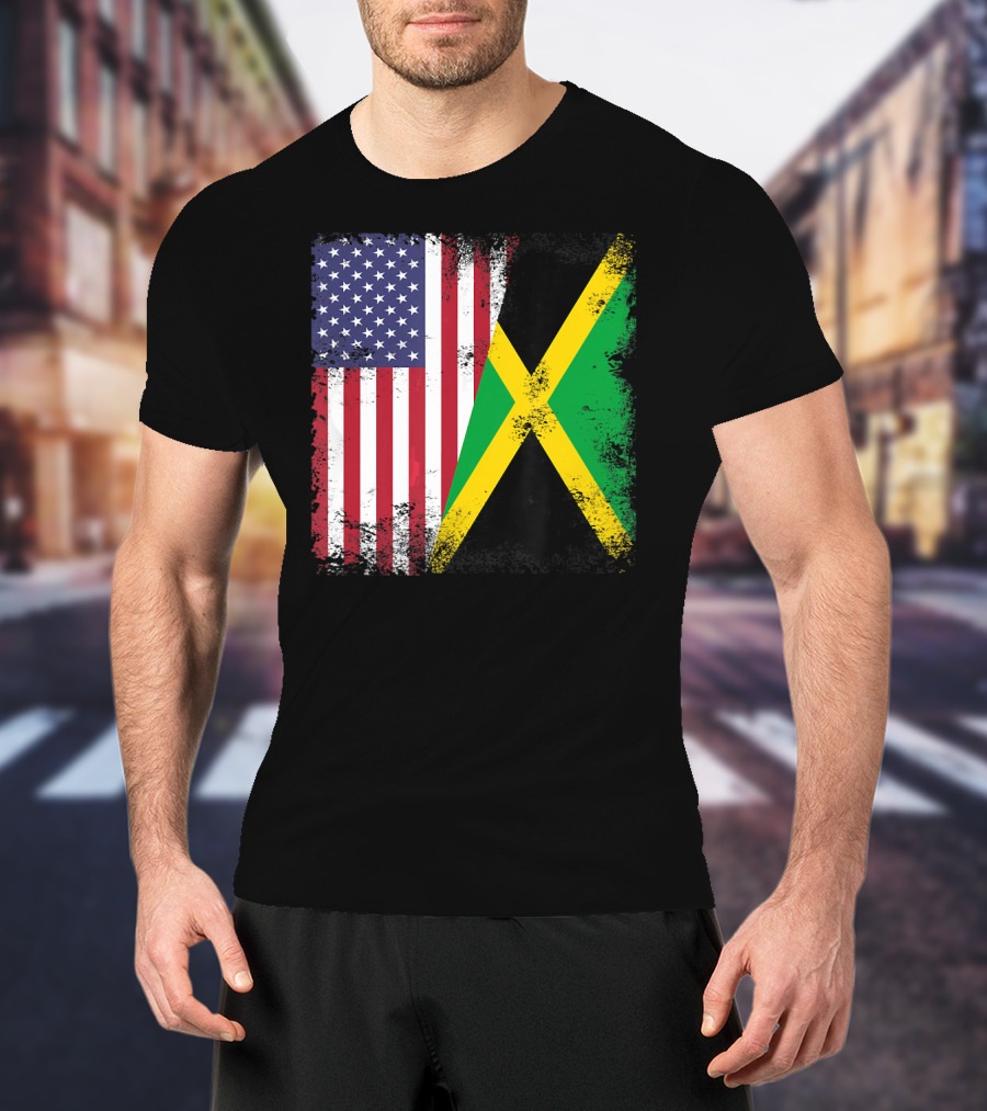 Half Jamaican Flag Vintage Jamaica U.S.A. Flag Overlay T-Shirt