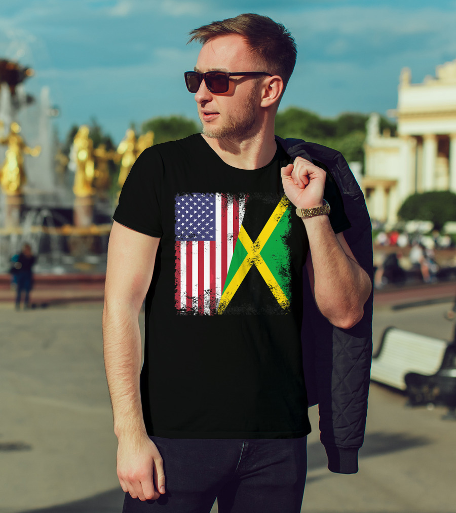 Half Jamaican Flag Vintage Jamaica U.S.A. Flag Overlay T-Shirt
