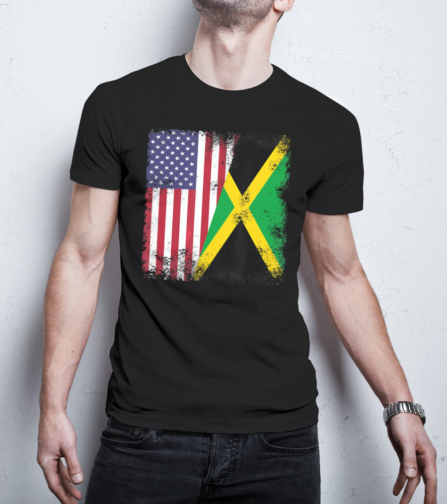 Half Jamaican Flag Vintage Jamaica U.S.A. Flag Overlay T-Shirt