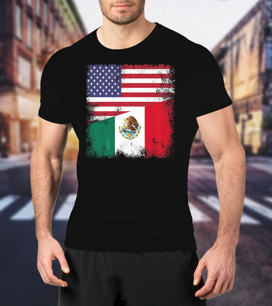 Half Mexican Flag Vintage Mexico U.S. American Flag Dual Heritage T-Shirt