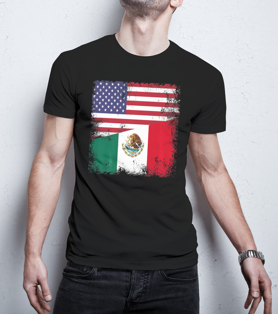 Half Mexican Flag Vintage Mexico U.S. American Flag Dual Heritage T-Shirt