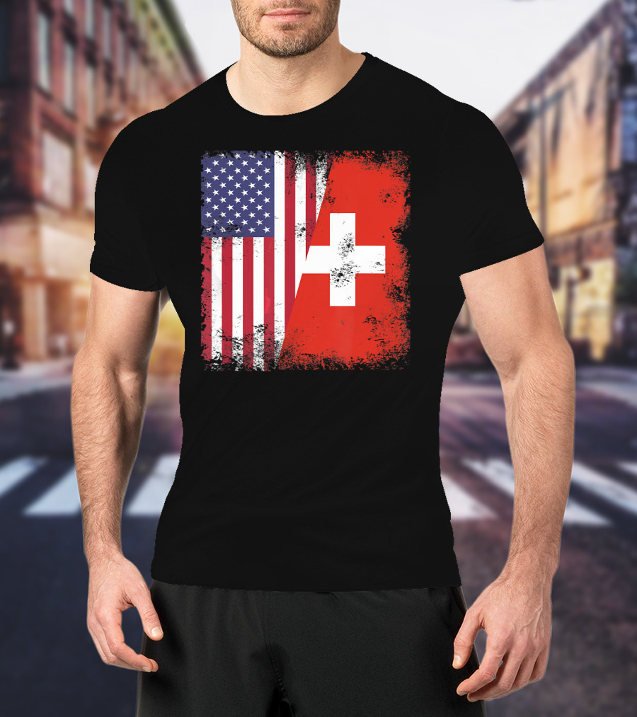 Half Swiss Flag Vintage American Swiss Flag T-Shirt