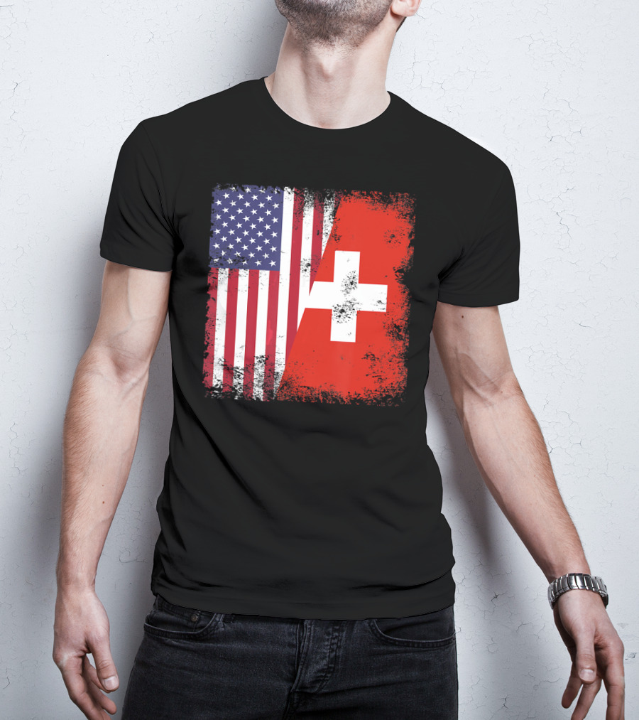 Half Swiss Flag Vintage American Swiss Flag T-Shirt