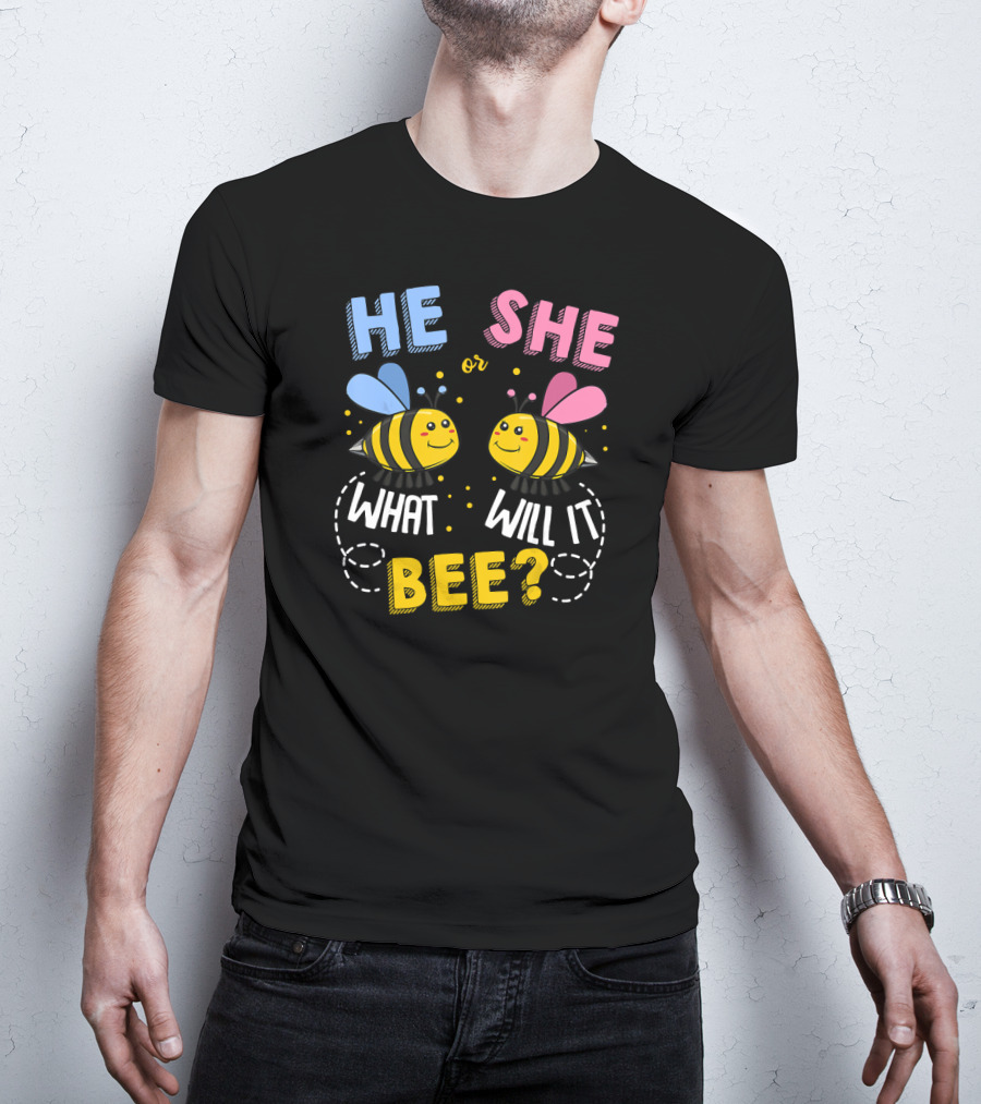 He She Or What Will It Bee Baby Party Gender Reveal Bees Blue And Pink T-Shirt