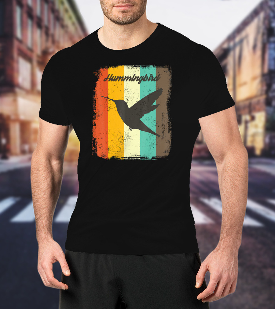 70s Vintage Hummingbird Silhouette Retro Stripes T-Shirt