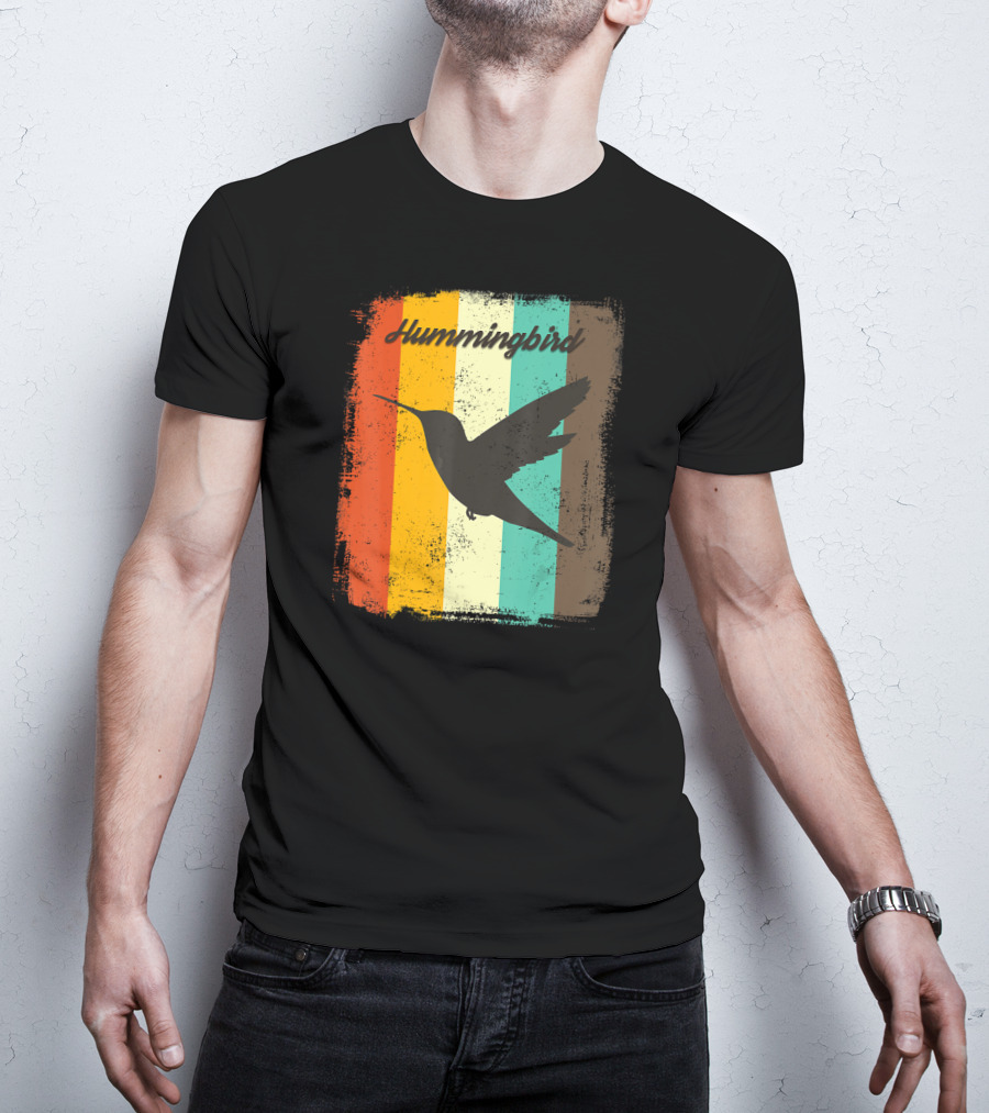 70s Vintage Hummingbird Silhouette Retro Stripes T-Shirt
