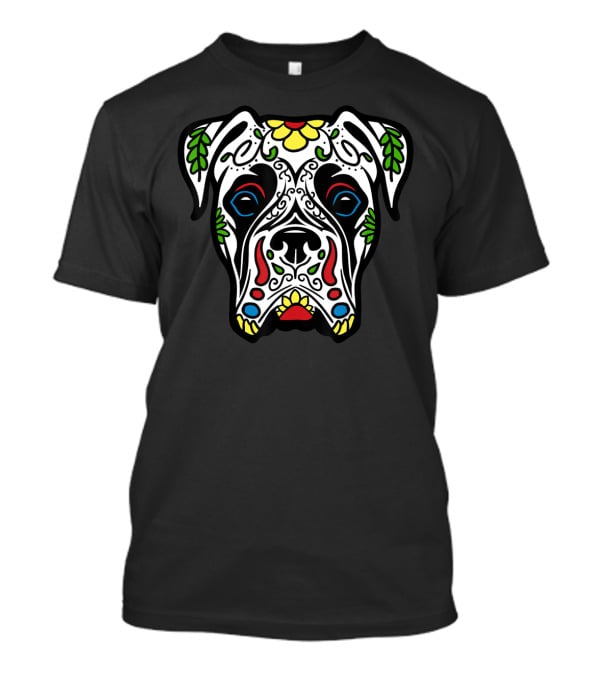 Boxer White Sugar Skull Dog Floral Mexican Día De Los Muertos T-Shirt