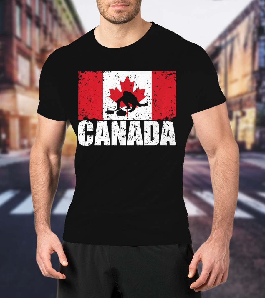 Canadian Flag Curling Silhouette Against Distressed Flag Design With Bold Canada Lettering T-Shirt