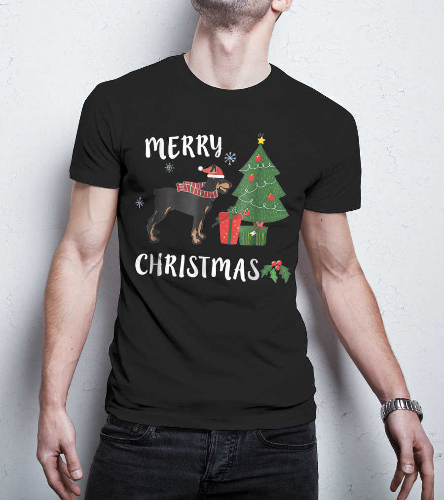 Merry Christmas Doberman With Santa Hat And Christmas Tree T-Shirt