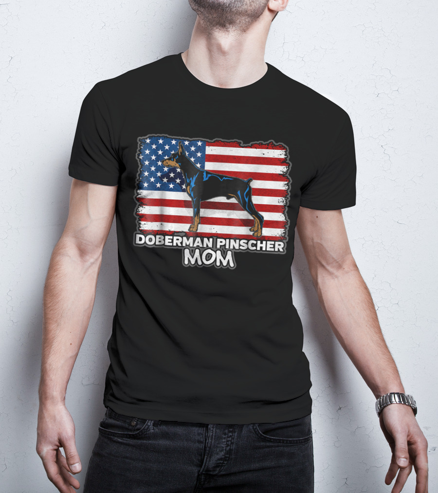 Doberman Pinscher Mom American Flag Background T-Shirt