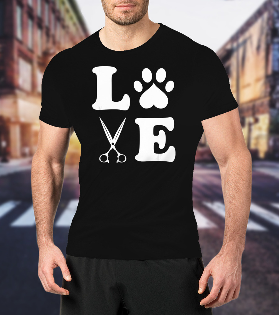 LOVE Dog Grooming With Scissors And Paw Prints T-Shirt