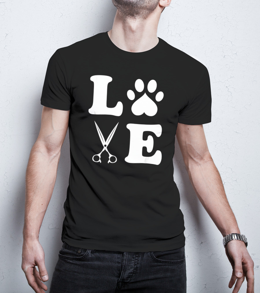 LOVE Dog Grooming With Scissors And Paw Prints T-Shirt