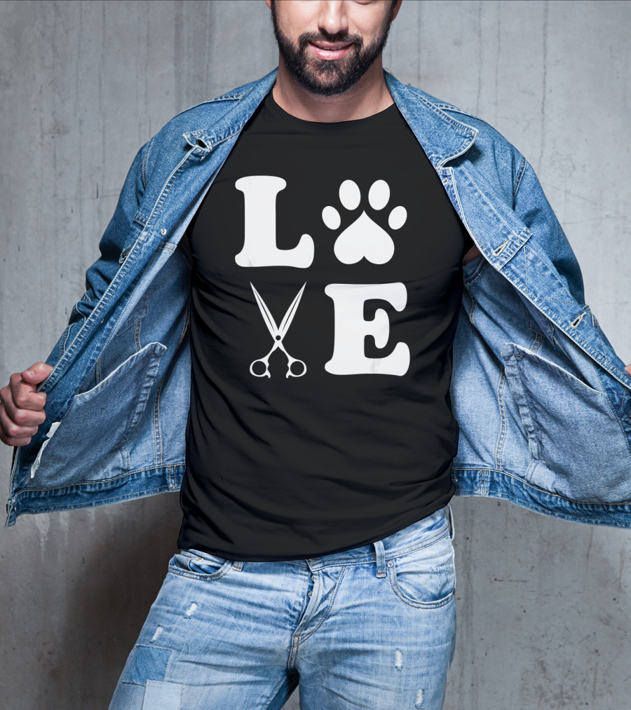 LOVE Dog Grooming With Scissors And Paw Prints T-Shirt