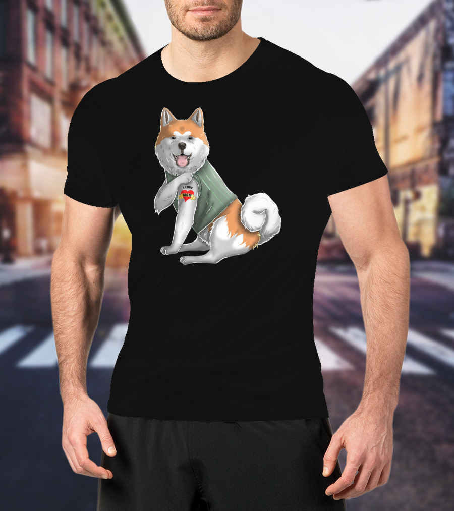 Akita Inu I Love Mom Tattoo Dog With Heart Tattoo Wearing Vest T-Shirt