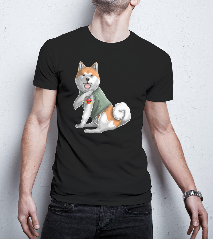 Akita Inu I Love Mom Tattoo Dog With Heart Tattoo Wearing Vest T-Shirt