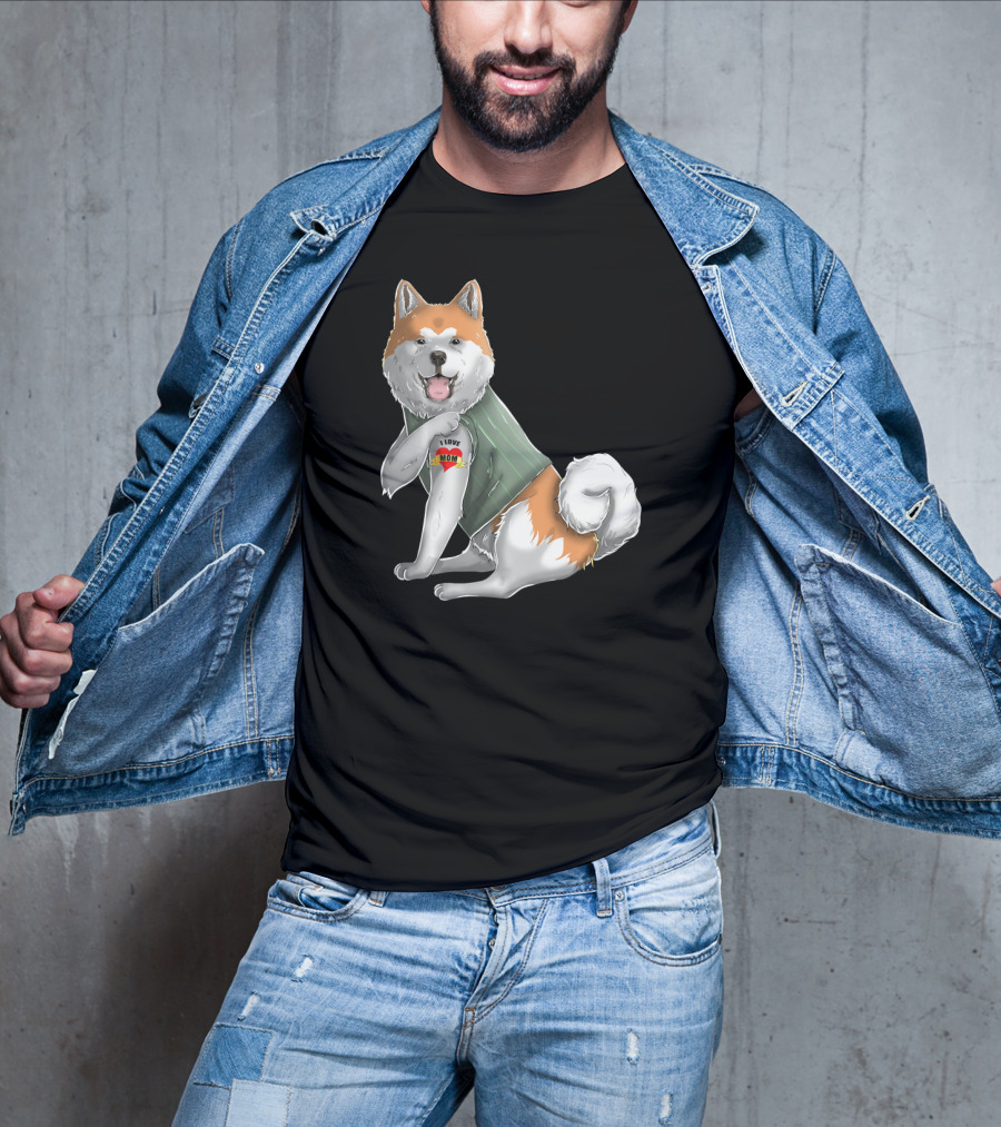 Akita Inu I Love Mom Tattoo Dog With Heart Tattoo Wearing Vest T-Shirt