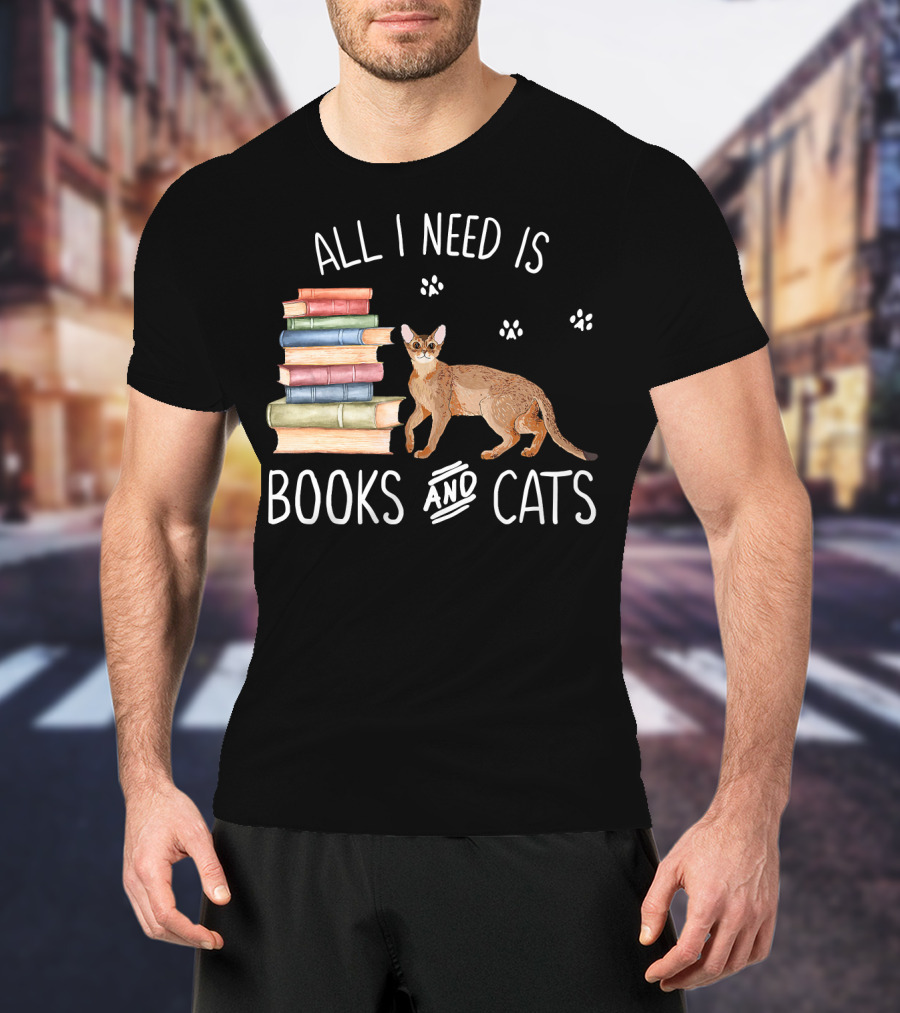 All I Need Is Books And Cats With Stack Of Colorful Books And Cat Paws T-Shirt