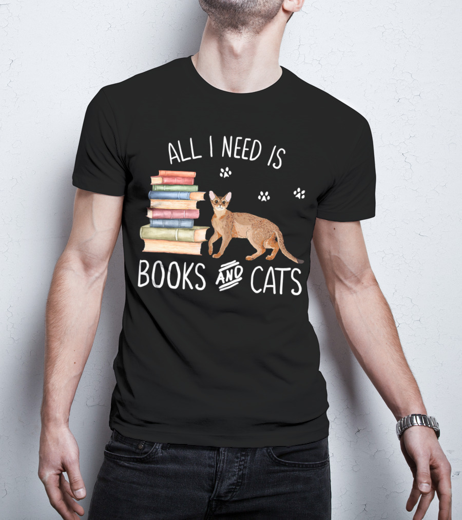All I Need Is Books And Cats With Stack Of Colorful Books And Cat Paws T-Shirt