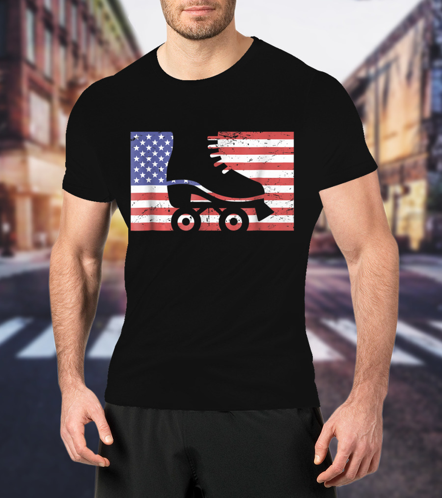 American Flag With Roller Skate T-Shirt