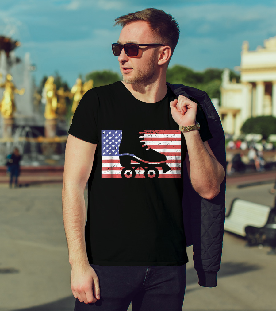 American Flag With Roller Skate T-Shirt