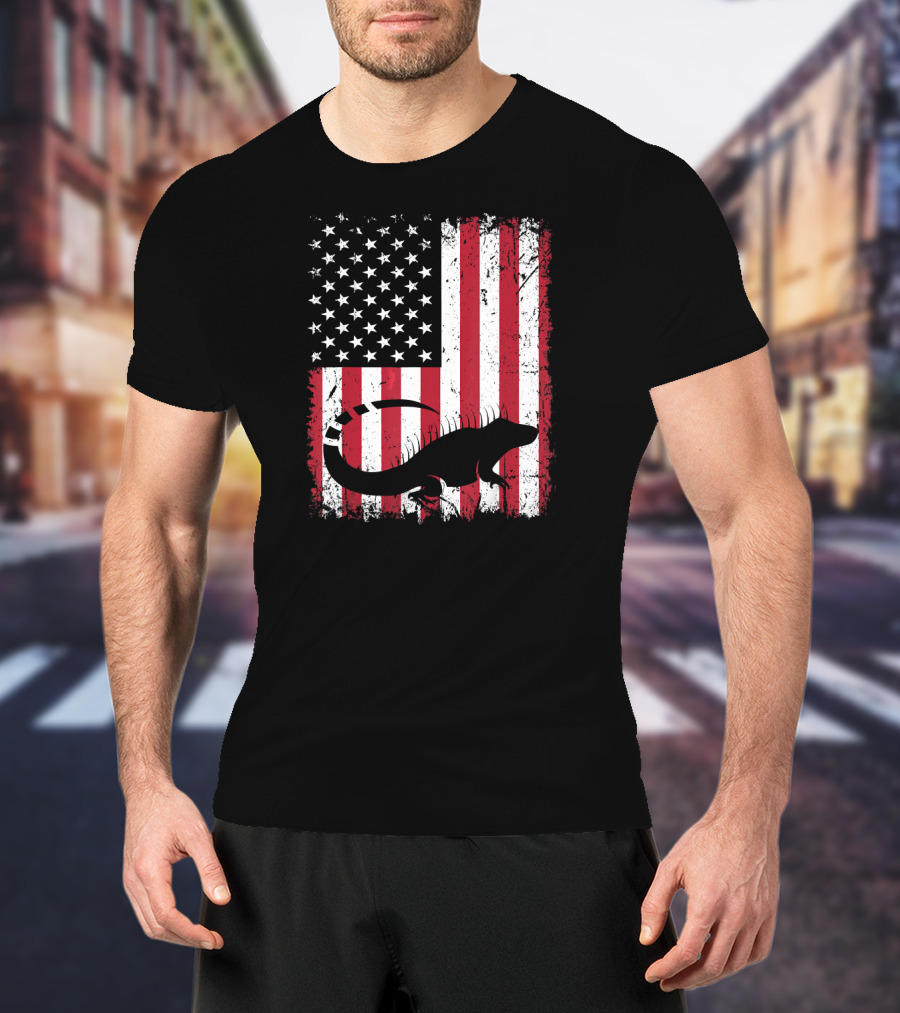 American Flag Iguana Silhouette On Distressed Stars And Stripes Background T-Shirt
