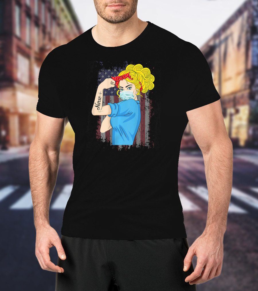 American Flag Nurse Strong Woman Tattoo Rosie Riveter T-Shirt