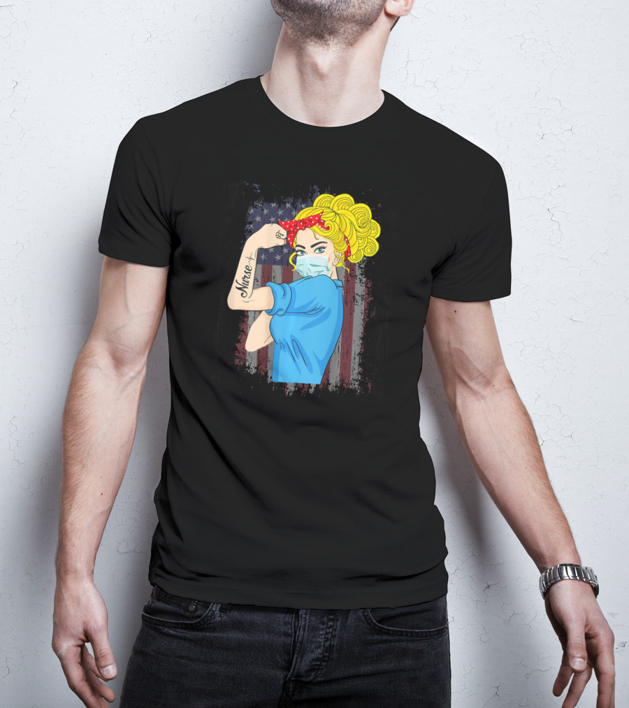 American Flag Nurse Strong Woman Tattoo Rosie Riveter T-Shirt