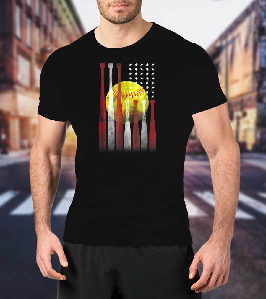 Vintage Softball American Flag With Bats And Stars T-Shirt