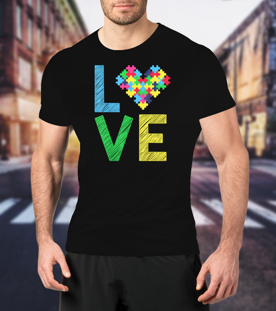 Autism Awareness Love Puzzle Heart Colorful Letters T-Shirt