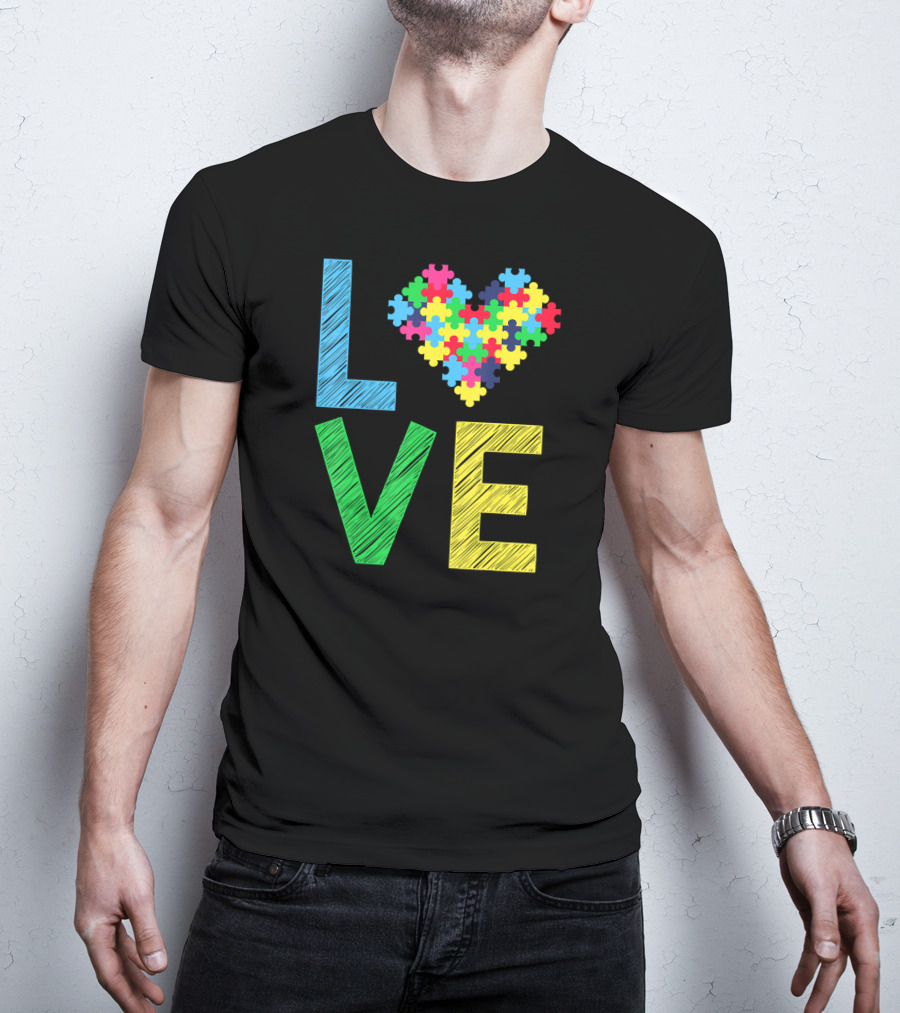 Autism Awareness Love Puzzle Heart Colorful Letters T-Shirt