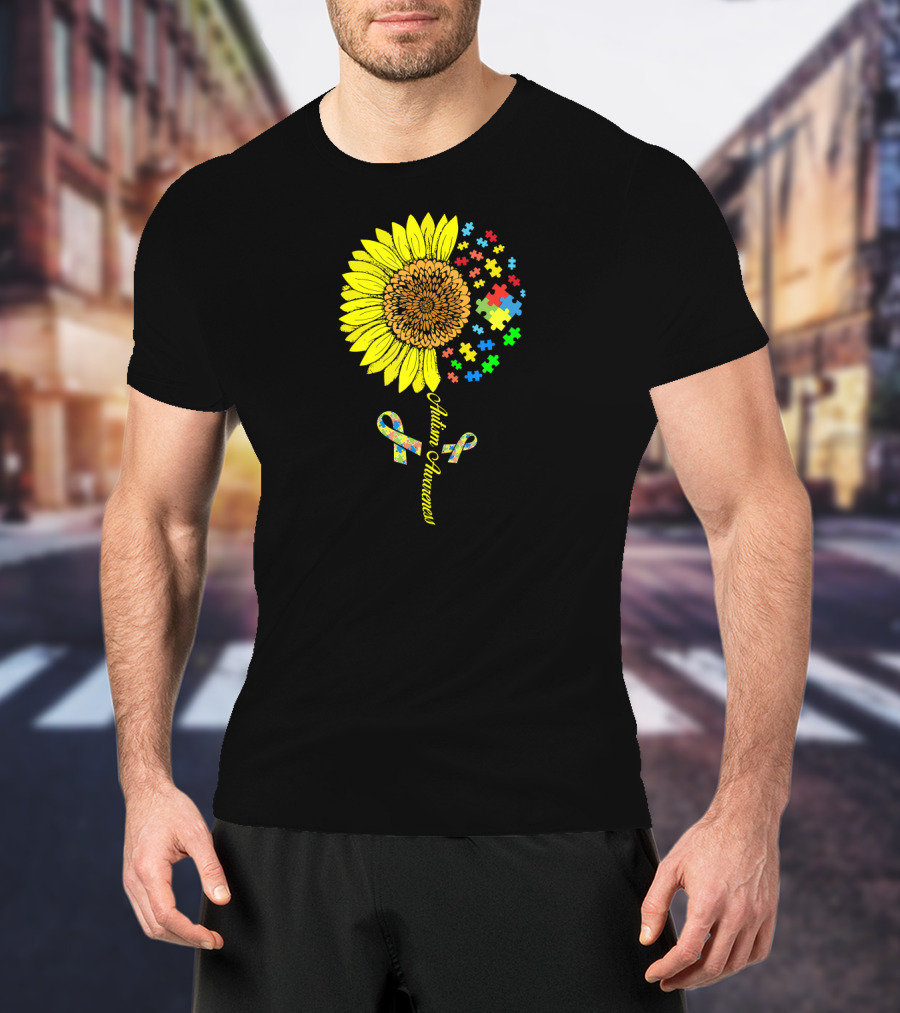 Autism Awareness Puzzle Ribbon Sunflower T-Shirt